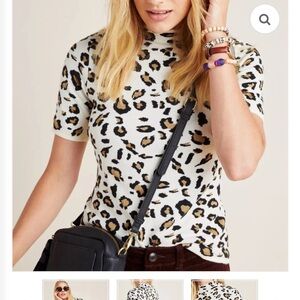 Anthropologie Field Flower Naomi Mock Neck Sweater Tee Leopard Size Medium